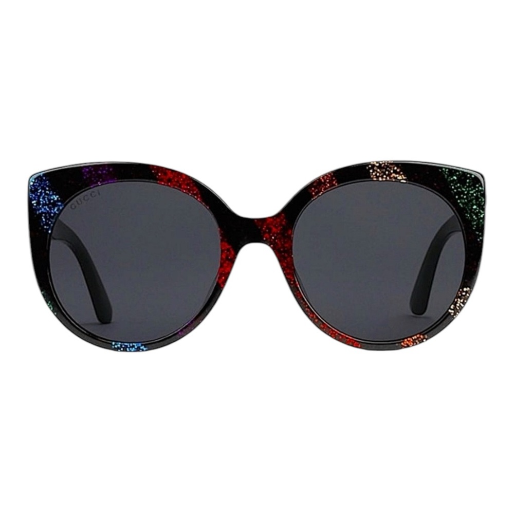 Gucci Cat Eye Sunglasses – Black Acetate with Rainbow Glitter Stripes